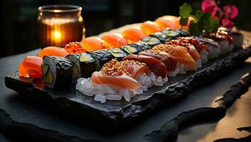romántico Sushi cena en negro pizarra. ai generado. foto