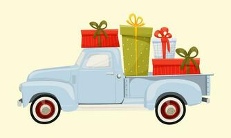 Blue Christmas pickup truck with gift boxes in the trunk. A truck carrying New Year's gifts. New Year or Christmas card, poster, flyer, invitation. Christmas vector illustration on light background