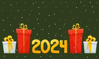 Vector holiday illustration with 2024 number. 2024 logo text design with gift boxes and snowflakes. Design template Celebration typography poster, banner or greeting card for Happy new year.