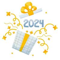 vector fiesta ilustración con 2024 logo texto diseño, azul regalo caja, y brillante dorado estrellas, festivo fuegos artificiales en blanco antecedentes. tipografía póster, bandera o saludo tarjeta para contento nuevo año.