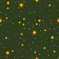 Seamless pattern of glowing stars, yellow confetti, and snowflakes on a dark green background. Magic sparkling stars. Design for wrapping paper, holiday packaging, New Year's textiles. Happy New Year vector