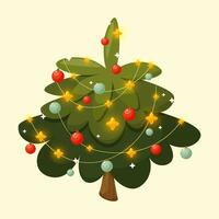 Festive Christmas tree in cartoon style. Decorated green pine tree with glowing stars, balls and garland. Happy New Year concept, for cards, posters, book illustrations. Vector illustration