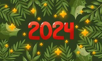 2024 número. 2024 logo rojo texto diseño dentro un marco de brillante estrellas y abeto ramas en verde antecedentes. diseño modelo celebracion tipografía póster, bandera o saludo tarjeta para contento nuevo año. vector