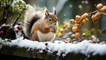 Squirrel Eating Berries in Winter Snow. AI Generated. photo