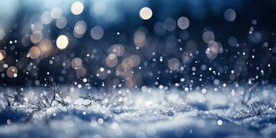 Winter background with snowflakes and bokeh defocused lights. AI Generated. photo