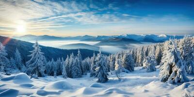 Winter landscape with snow covered trees and mountains. AI Generated. photo