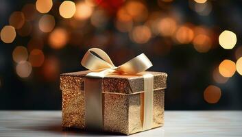 Golden gift box with a golden bow on a bokeh background. AI Generated. photo