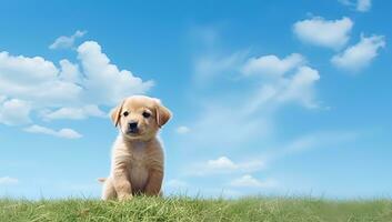 Cute golden retriever puppy sitting on the green grass and blue sky background. AI Generated. photo