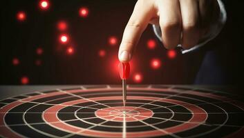 Close up of businessman hand hitting target with dart arrow. Success and achievement concept. AI Generated. photo