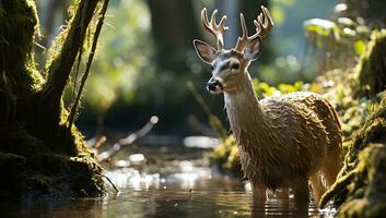 Whitetail Deer Buck with antlers standing in a stream. AI Generated. photo