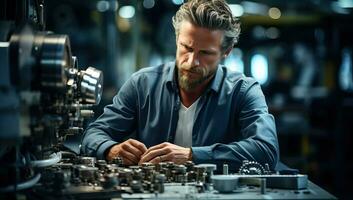 ingeniero trabajando en el mecanismo de un máquina en el taller. ai generado. foto