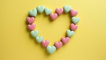 Colorful heart shaped candy on yellow background. Valentine's day concept. AI Generated. photo