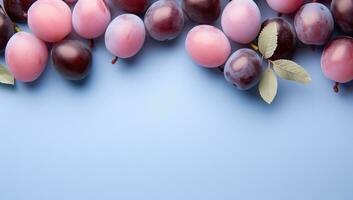 Plums on a Blue Background. AI Generated. photo