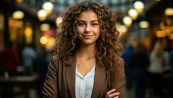 Portrait of young woman with curly hairstyle. AI Generated. photo