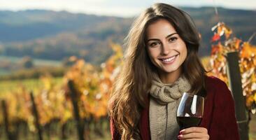 Woman holding wine glass in vineyard. AI Generated. photo