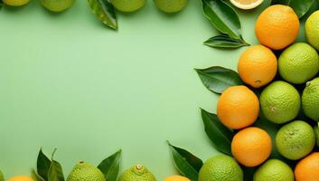 Oranges and limes on a green background. AI Generated. photo