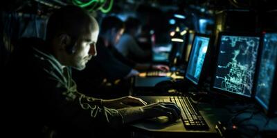 Soldiers analyze enemy forces in military command center. AI Generated. photo