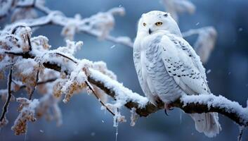 Snowy owl perched on a winter branch. AI Generated. photo