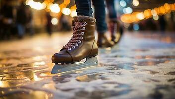 pies de un joven mujer Patinaje en hielo pista a noche en invierno. ai generado. foto