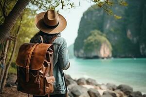 Young woman traveler with backpack and hat looking at the sea and mountains. AI Generated. photo