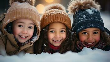 retrato de un grupo de contento niños en invierno ropa teniendo divertido al aire libre. ai generado. foto