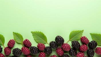 Blackberries and raspberries with green leaves on a green background. AI Generated. photo