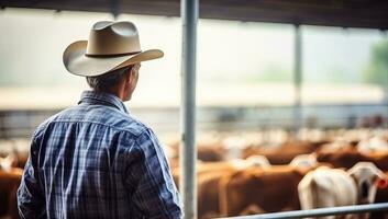 Rear view of a senior cowboy looking at cows in a farm. AI Generated. photo