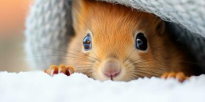 Cute little squirrel in warm knitted sweater. Closeup portrait. AI Generated. photo