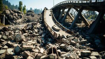 Collapsed Bridge Over Rubble. AI Generated. photo