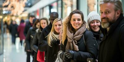 personas esperando en línea a un centro comercial. ai generado. foto