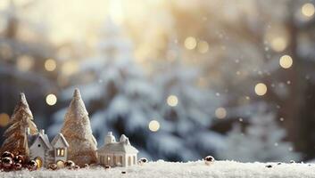 Navidad y nuevo año antecedentes con pequeño casas en el nieve y Bokeh. ai generado. foto