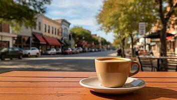 Cup of Coffee on Wooden Table with Blurred Street Background. AI Generated. photo