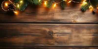 Christmas lights on rustic wooden background with copy space, top view. AI Generated. photo