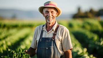 retrato de contento mayor granjero en pie en campo y sonriente a cámara. ai generado. foto