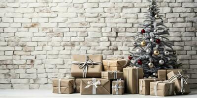 Navidad árbol y regalos en frente de ladrillo pared antecedentes con Copiar espacio. ai generado. foto