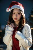 Beautiful girl in Santa Claus clothes over christmas background photo