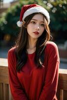 Beautiful girl in Santa Claus clothes over christmas background photo