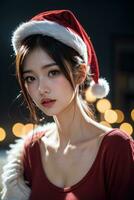 Beautiful girl in Santa Claus clothes over christmas background photo