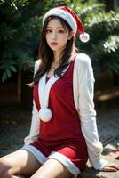 Beautiful girl in Santa Claus clothes over christmas background photo