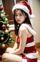 Beautiful girl in Santa Claus clothes over christmas background photo