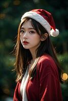 Beautiful girl in Santa Claus clothes over christmas background photo