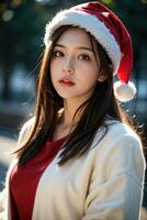 Beautiful girl in Santa Claus clothes over christmas background photo