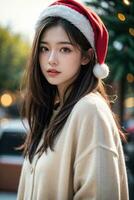 Beautiful girl in Santa Claus clothes over christmas background photo