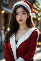 Beautiful girl in Santa Claus clothes over christmas background photo