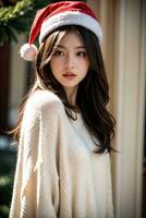 Beautiful girl in Santa Claus clothes over christmas background photo