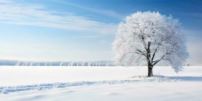 Winter landscape with snow-covered tree. AI Generated. photo