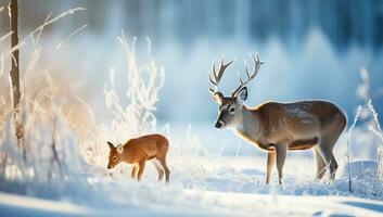 Two whitetail deer standing on the edge of a snowy field. AI Generated. photo