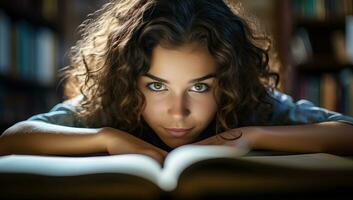 retrato de joven mujer leyendo un libro en el biblioteca. ai generado. foto