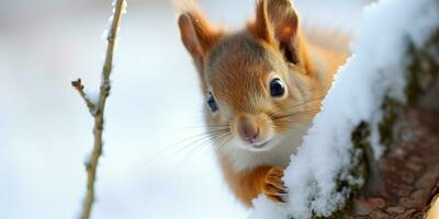 Squirrel in the winter forest. AI Generated. photo