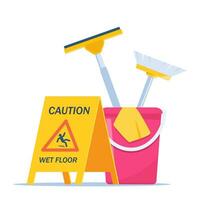 Wet floor warning sign. Yellow triangle with falling man. Cleaning service supplies. Disinfectant products with bucket, mop, detergent. Vector illustration.